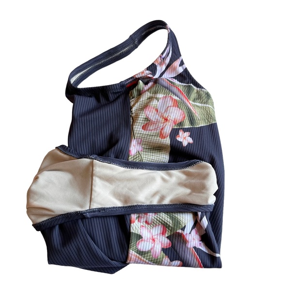 Kona Sol One Piece Swimsuit Women’s S Gray Ribbed Tropical Floral Palm Leaf - Picture 9 of 11